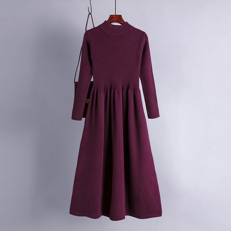 Autumn Winter Half High Collar Swing Long Knitted Dress Waist Controlled Slimming Long Sleeve Simple Dinified Sweater Bottoming Women