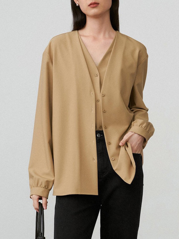 False Two Long Sleeves Buttoned Solid Color V-Neck Blouses&Shirts Tops