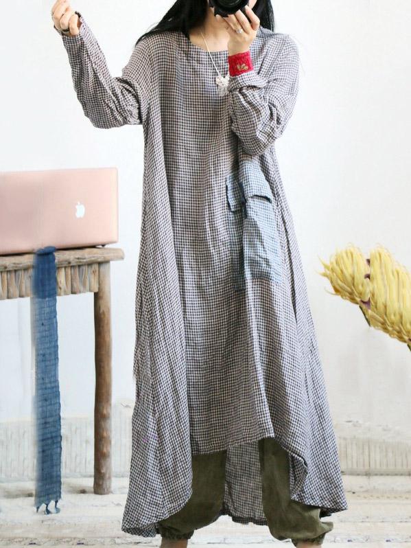 Loose Vintage Linen Plaid Round-neck Long Dress