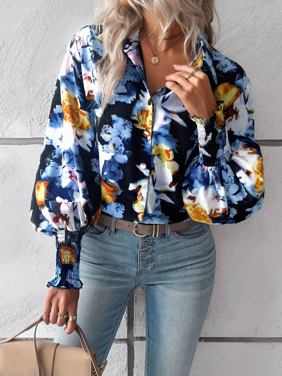 Temperament Casual Printed Lantern Sleeve Shirt