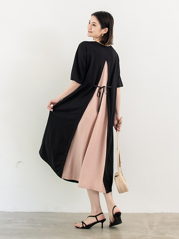 Original Half Sleeves Loose Contrast Color Split-Back Round-Neck Midi Dresses