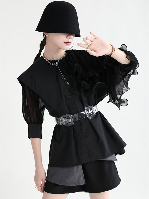 Stylish Asymmetric Split-Joint Falbala With Belted Half Sleeves Blouses