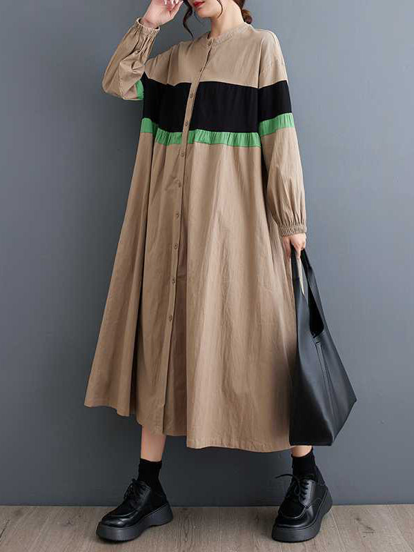 Long Sleeves Loose Buttoned Contrast Color Elasticity Split-Joint Round-neck Midi Dresses