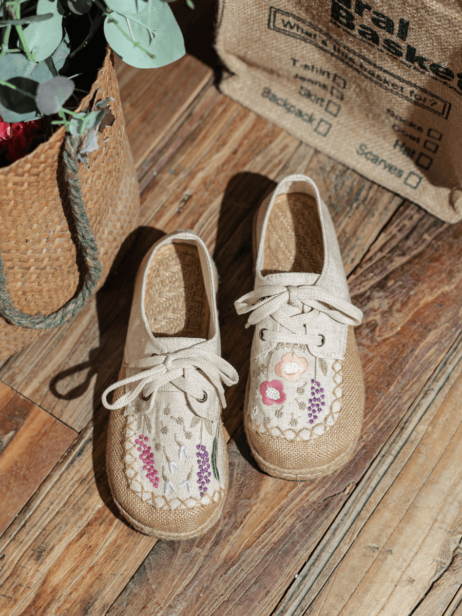 CACTUS ROSE | GARDEN EMBROIDERED LINEN ESPADRILLE SNEAKER - BEIGE