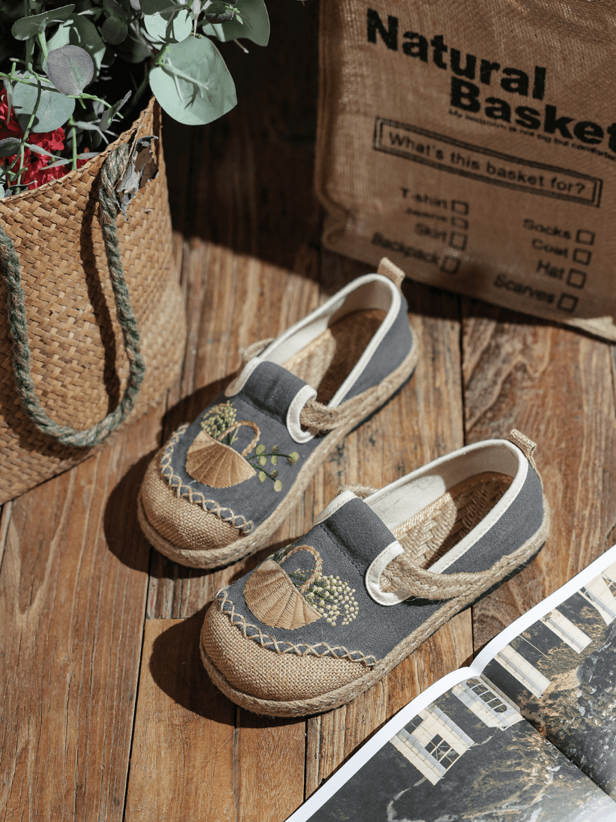 CACTUS ROSE | BASKET EMBROIDERED LINEN ESPADRILLE LOAFER - GREY