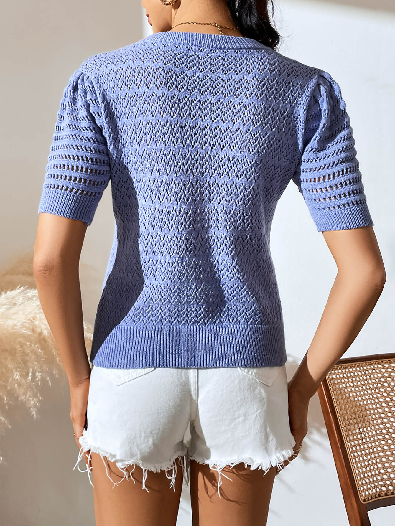 Delphina Perforated Knit Top - Blue