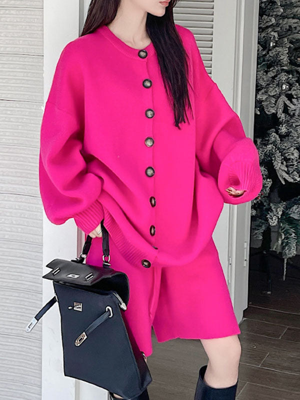 Long Sleeves Loose Buttoned Round-Neck Sweater Top + Drawstring Shorts Bottom Two Pieces Set