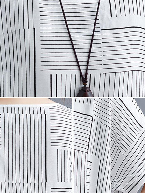 Loose Short Sleeves Striped Round-Neck T-Shirts