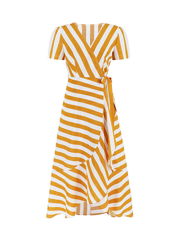 High-Low Loose Split-Joint Striped Tied V-Neck Maxi Dresses