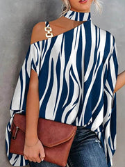 Batwing Sleeves Loose Asymmetric Chains Striped Asymmetric Collar T-Shirts Tops