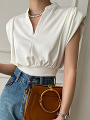 Loose Sleeveless Pleated Shoulder Pad Solid Color V-Neck T-Shirts Tops