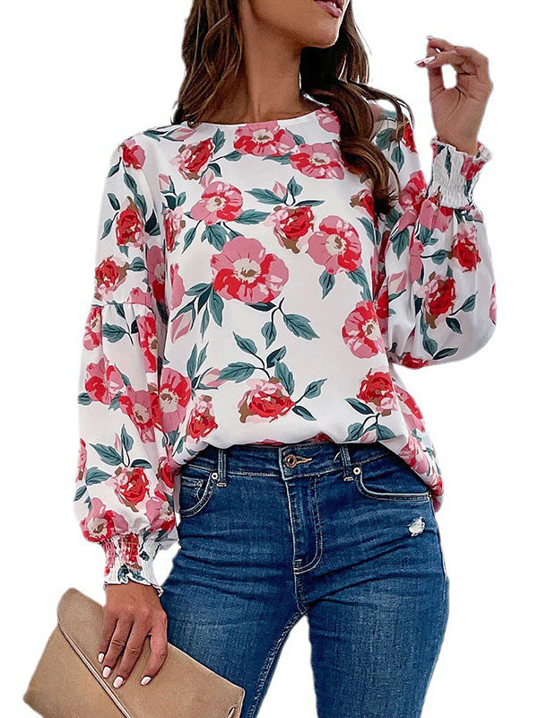 Long Sleeves Loose Elasticity Flower Print Round-Neck Blouses&Shirts Tops