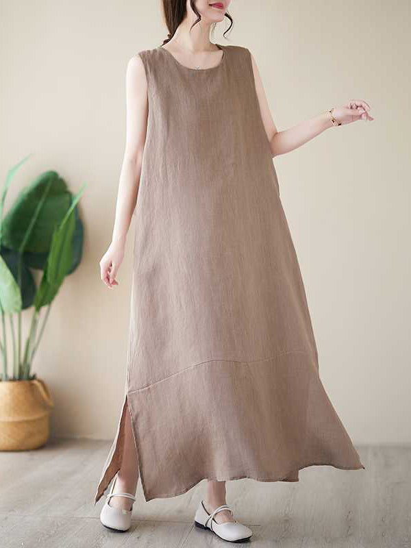 A-Line Loose Solid Color Round-Neck Midi Dresses