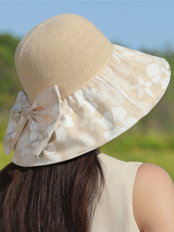 Bowknot Flower Print Pleated Split-Joint Sun Protection Fisherman Hat Sun Hat