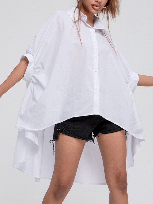 Batwing Sleeves High-Low Solid Color Lapel Blouses&Shirts Tops