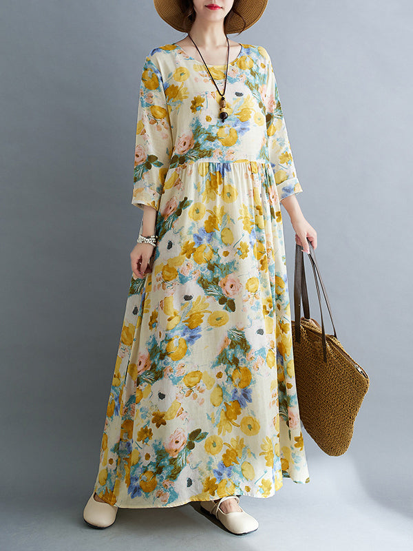 Long Sleeves Loose Flower Print Split-Joint Round-Neck Midi Dresses