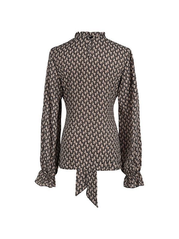 Long Sleeves Bandage Belted Leopard Printed Round-Neck Blouses&Shirts Tops