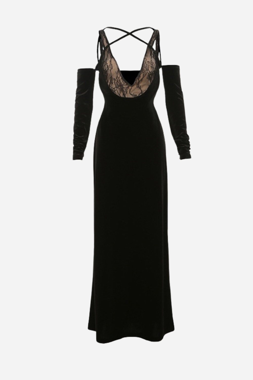 V-neck Lace Velvet Glove Maxi Dress