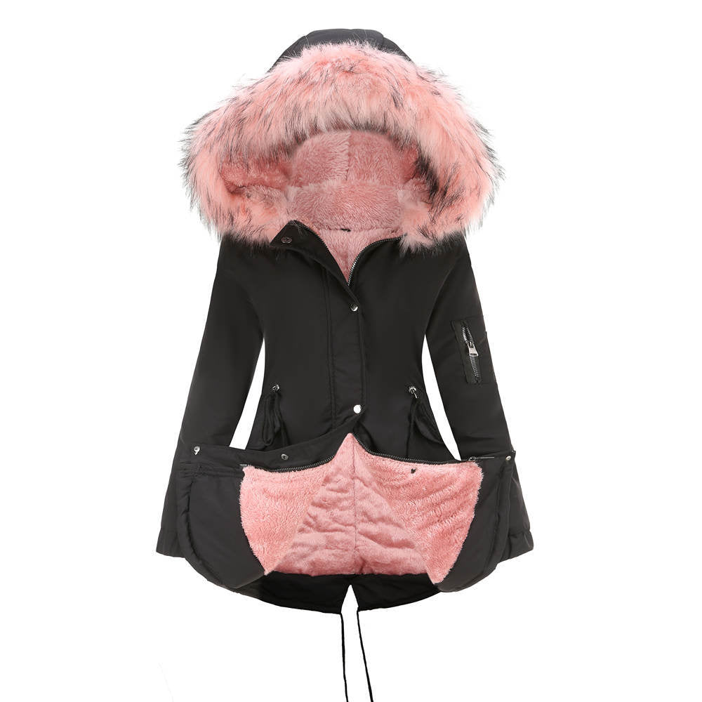 Size Big Fur Collar Thickened Women Cotton-Padded Coat Mid-Length Hooded Winter Warm Fleece Overcoat Cotton-Padded Coat