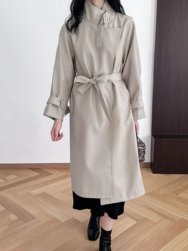 Long Sleeves Loose Buckle Pockets Solid Color Split-Back Tied Waist Lapel Trench Coats