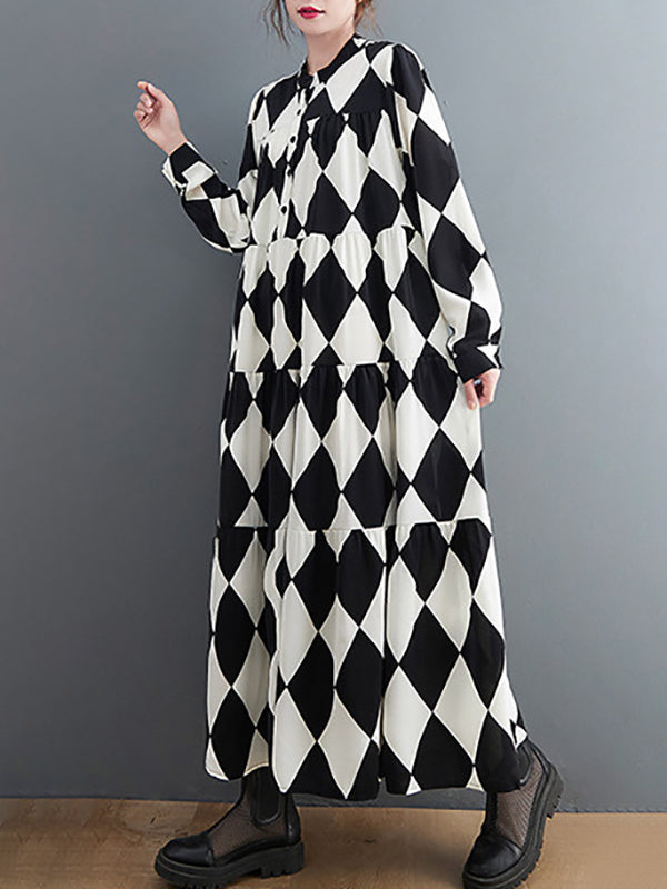 A-Line Long Sleeves Buttoned Plaid Polo Midi Dresses