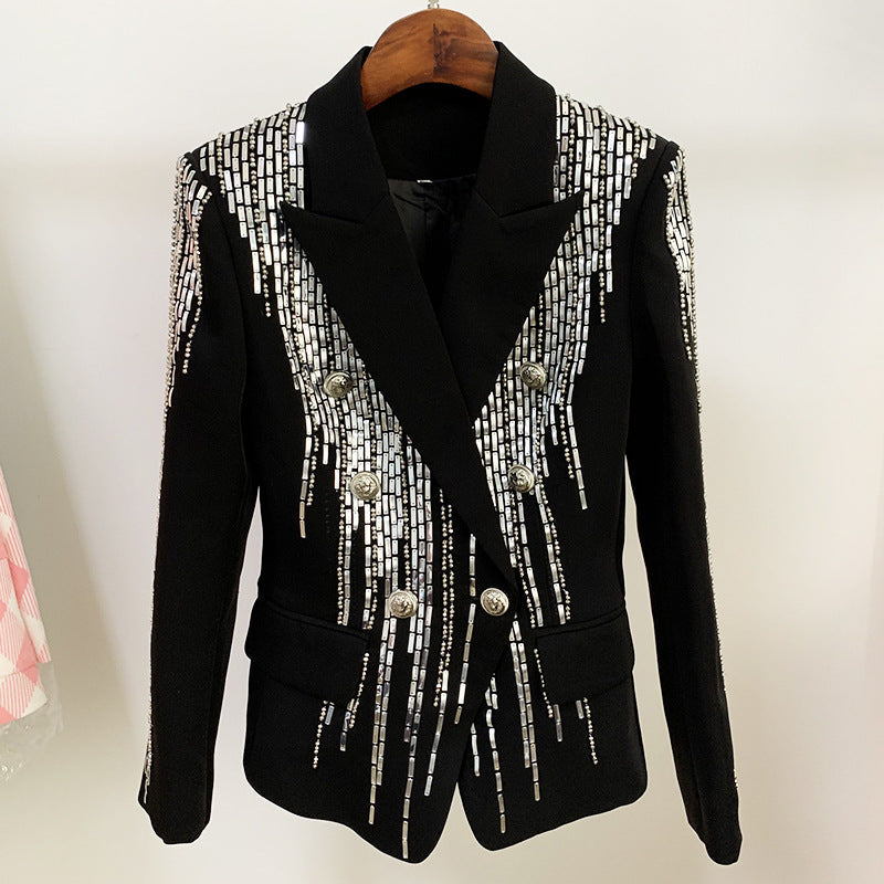 Autumn Winter Women Jacket Jacket Double Breasted Metal Sheet Heavy Industry Beads Slim Fit