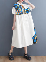 Artistic Retro Loose Short Sleeves Floral Printed Split-Joint Lapel Collar Midi Dresses