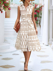 Sleeveless Buttoned Printed Tied Waist Lapel Collar Midi Dresses