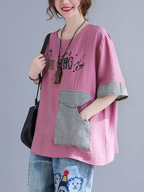 Original Letter Print Split-Joint Round-Neck T-Shirts Tops