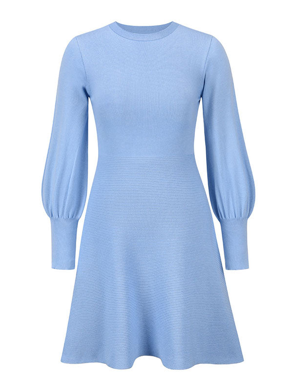 Puff Sleeves Wrap Solid Color Round-Neck Sweater Dress