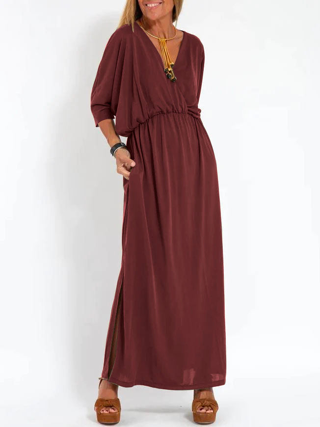 Women's Casual Solid Color V Neck Slit Dress