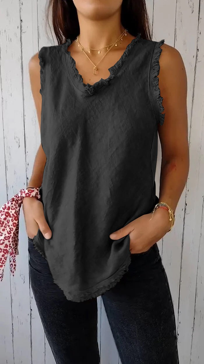 Cotton and Linen V-neck Raw Edge Design Vest