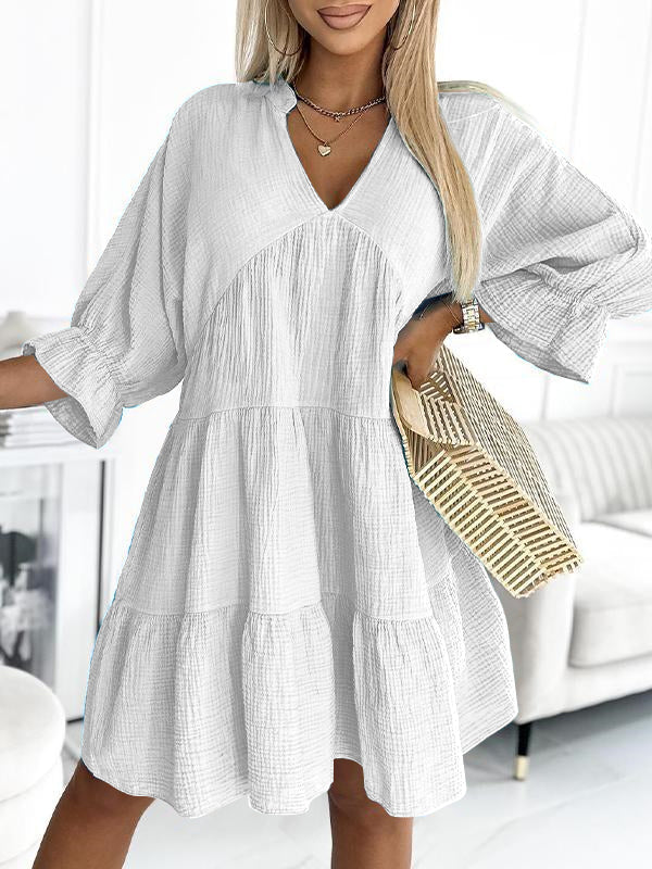 V-neck Solid Color Patchwork Loose Dress