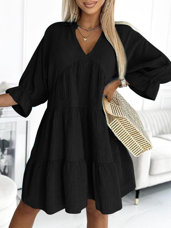 V-neck Solid Color Patchwork Loose Dress