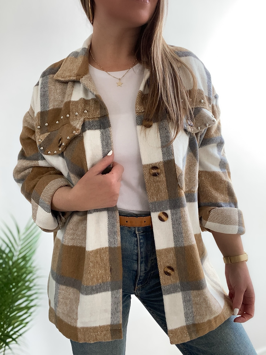 Women's Casual Beaded Plaid Jacket