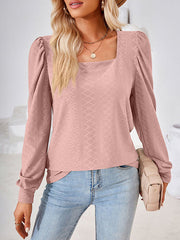 Loose Jacquard Solid Color Square-neck T-Shirts Tops