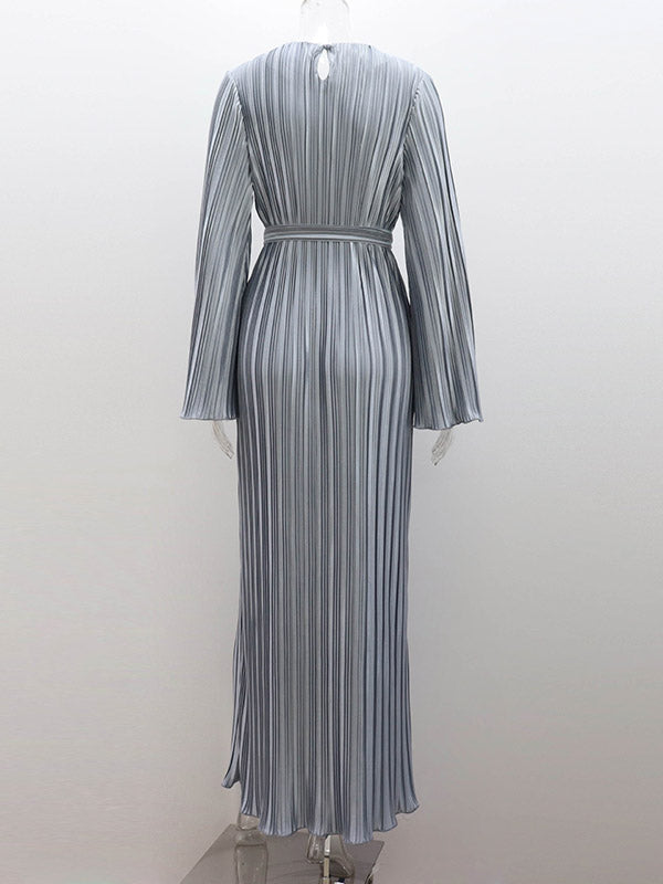 Flared Sleeves Long Sleeves Pleated Solid Color Round-Neck Maxi Dresses