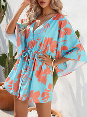 A-Line Half Sleeves Buttoned Drawstring Flower Print V-Neck Mini Dresses