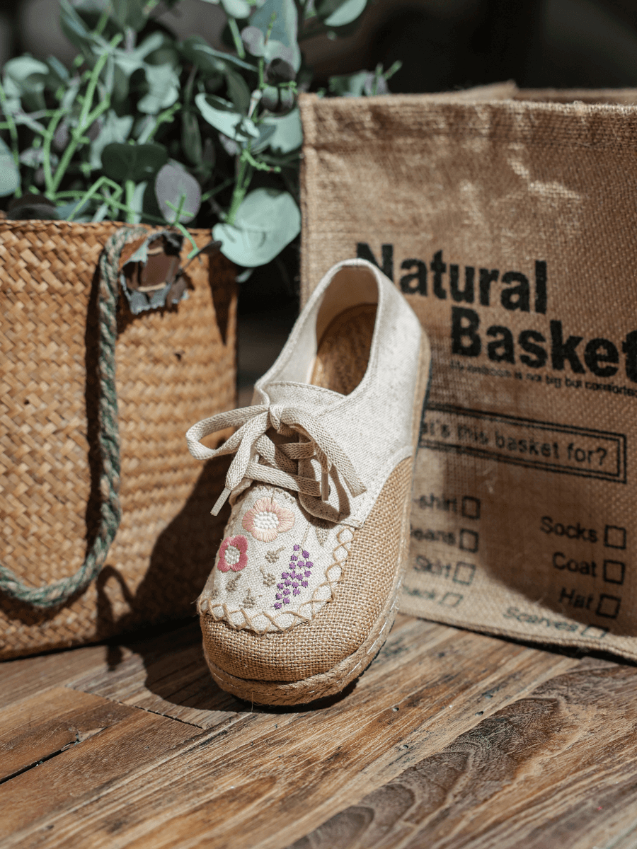 CACTUS ROSE | GARDEN EMBROIDERED LINEN ESPADRILLE SNEAKER - BEIGE