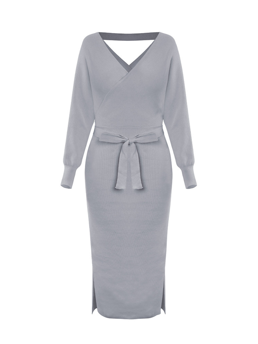 Lorene Tie Waist Midi Sweater Dress - Grey