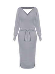 Lorene Tie Waist Midi Sweater Dress - Grey