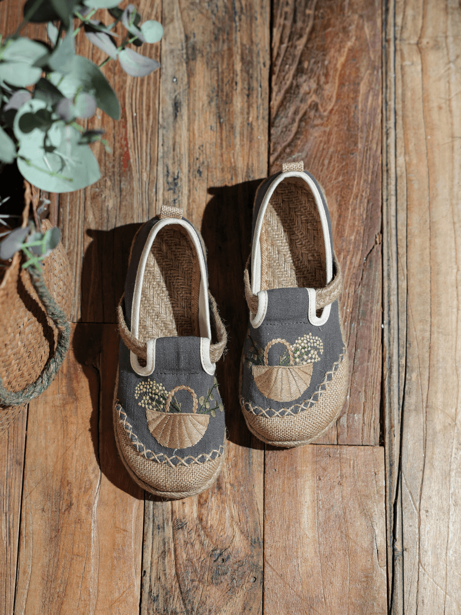 CACTUS ROSE | BASKET EMBROIDERED LINEN ESPADRILLE LOAFER - GREY