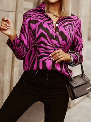 Long Sleeves Loose Printed Zebra-Stripe Lapel Blouses