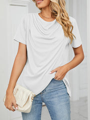 Loose Short Sleeves Pleated Solid Color Split-Joint Round-Neck T-Shirts