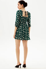 Printed Long Sleeve U-Neck Mini Dress Green