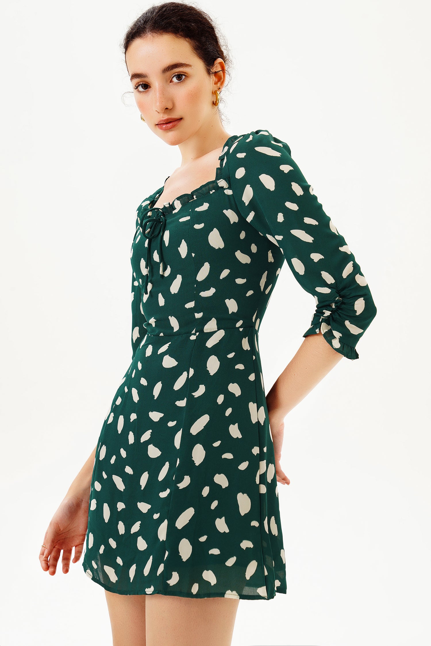 Printed Long Sleeve U-Neck Mini Dress Green