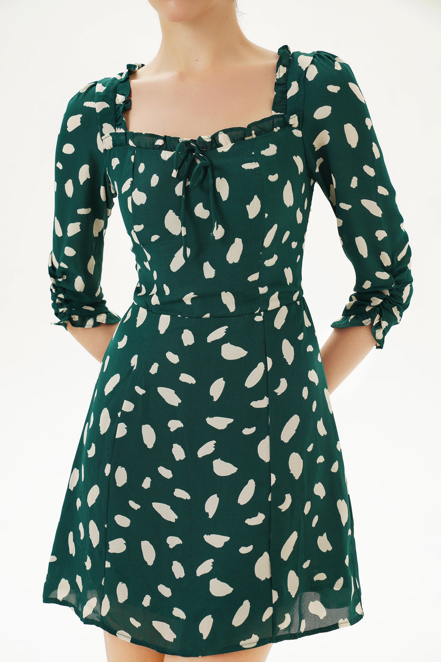 Printed Long Sleeve U-Neck Mini Dress Green