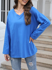 Long Sleeves Loose See-Through Solid Color Split-Joint V-Neck T-Shirts