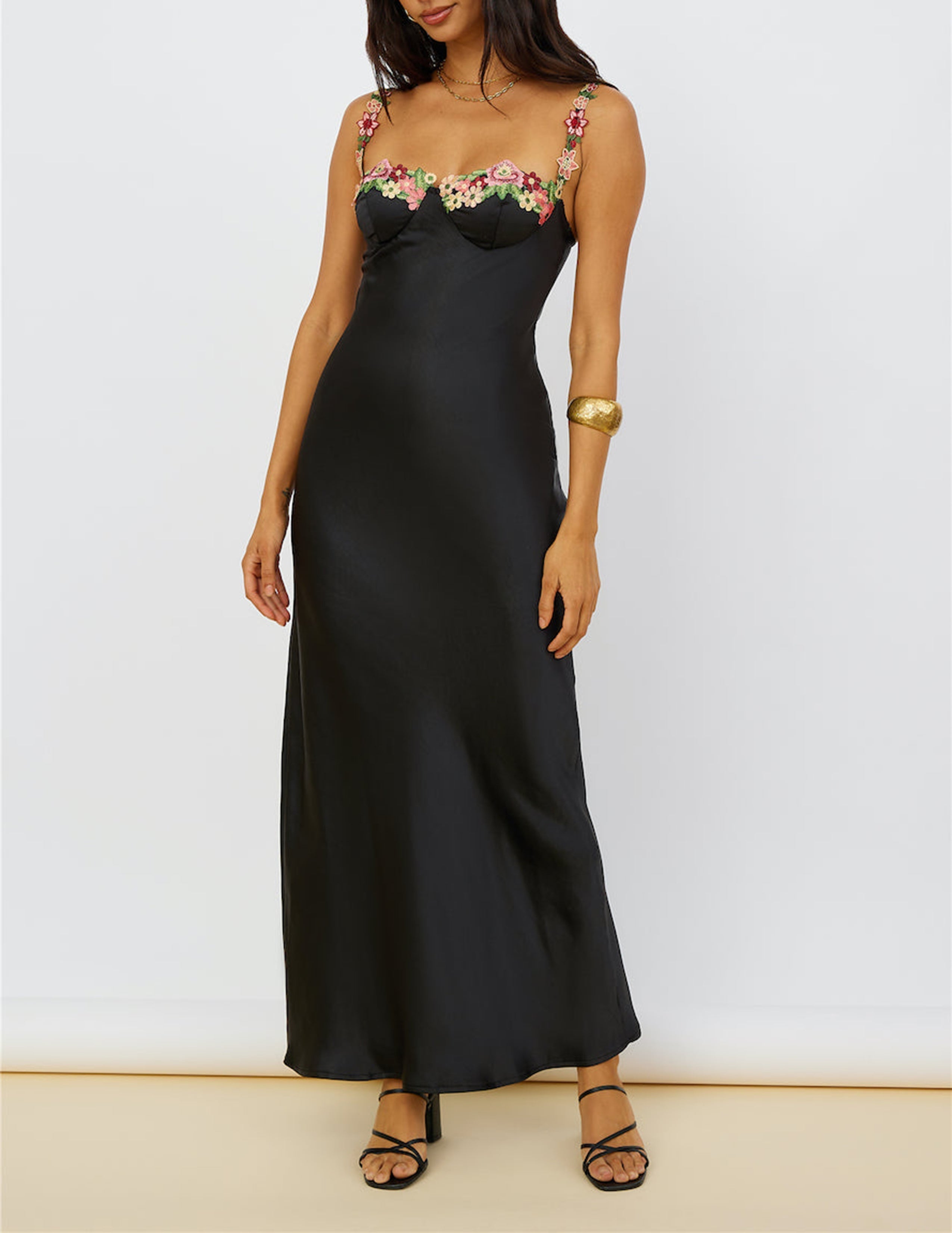 Juliette - Floral Embroidery Black Maxi Dress