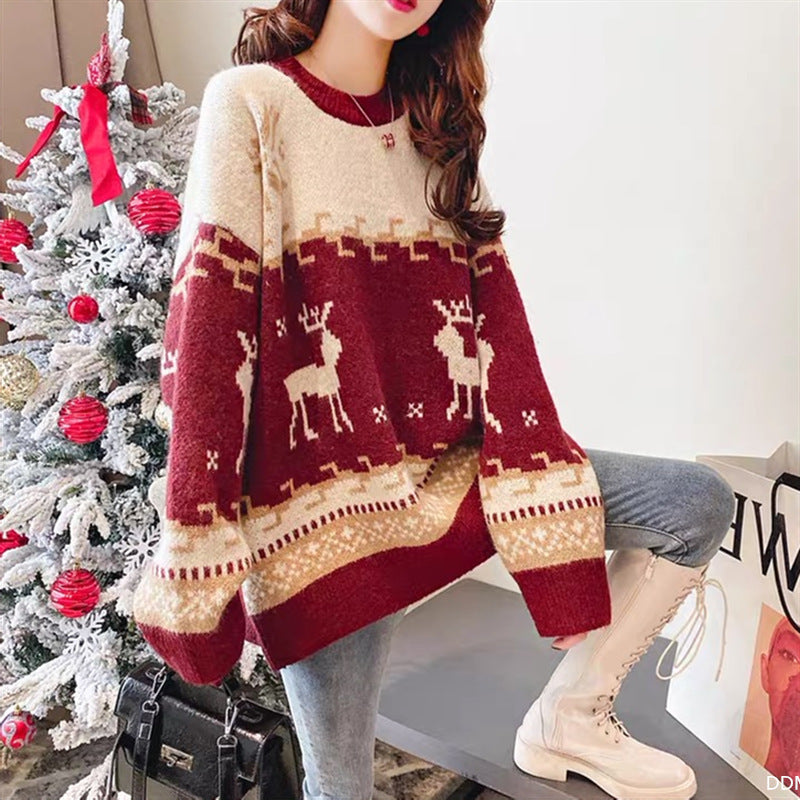 Christmas Deer Sweater Women Pullover Autumn Winter Korean Loose Comfortable Long Sleeve All-Matching Sweater Top